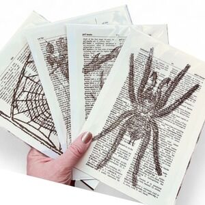 Creepy Spider Theme Upcycled Dictionary Art Prints Lot of 4 Halloween Decor OOAK